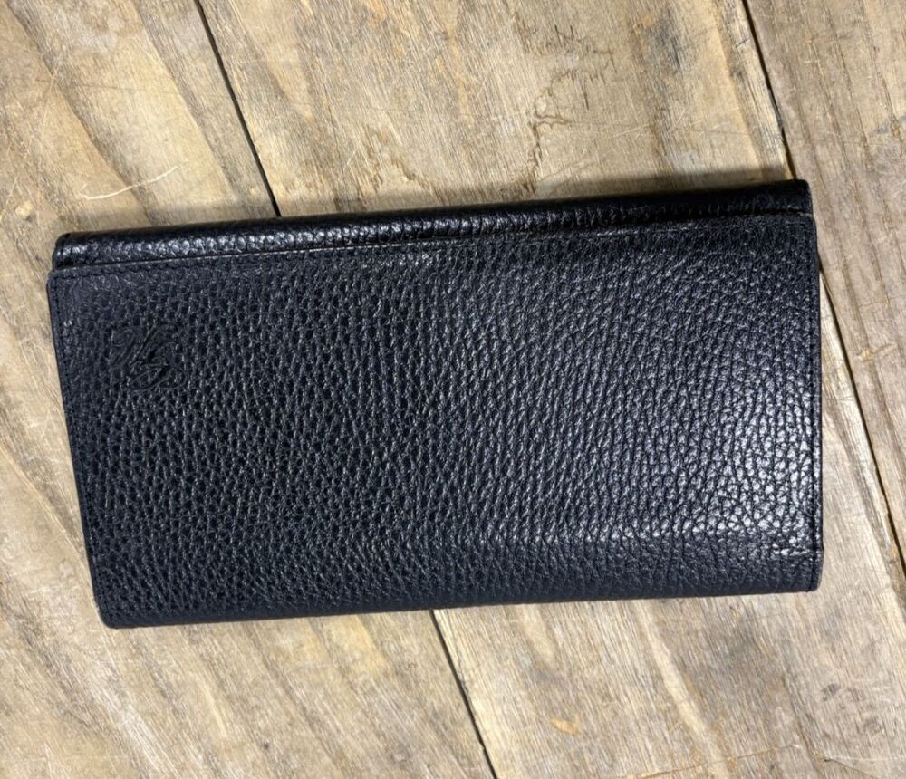 Gold Hunter Black Pebbled Leather Elongated Wallet Kiss Lock Clutch Organizer